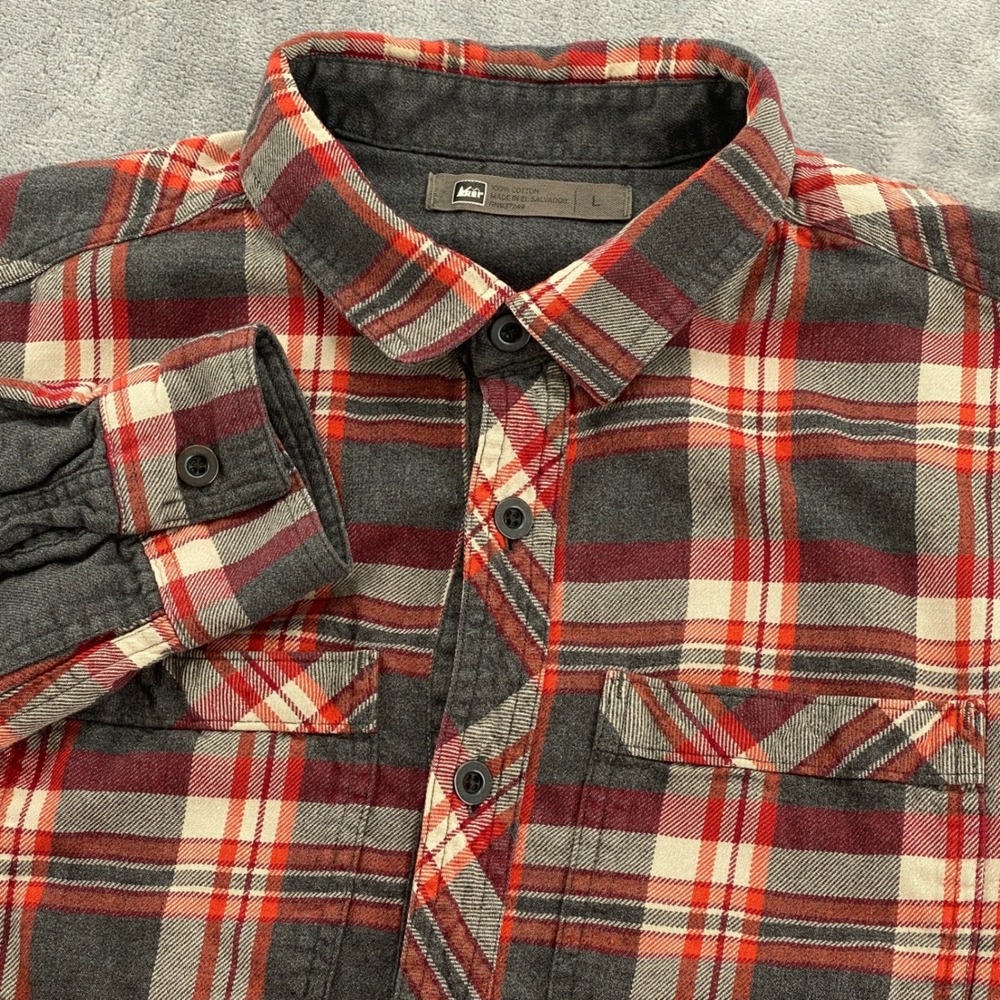 REI Co-op Mens Large Grey Orange Plaid Cotton Flannel Shirt Elbow Patches